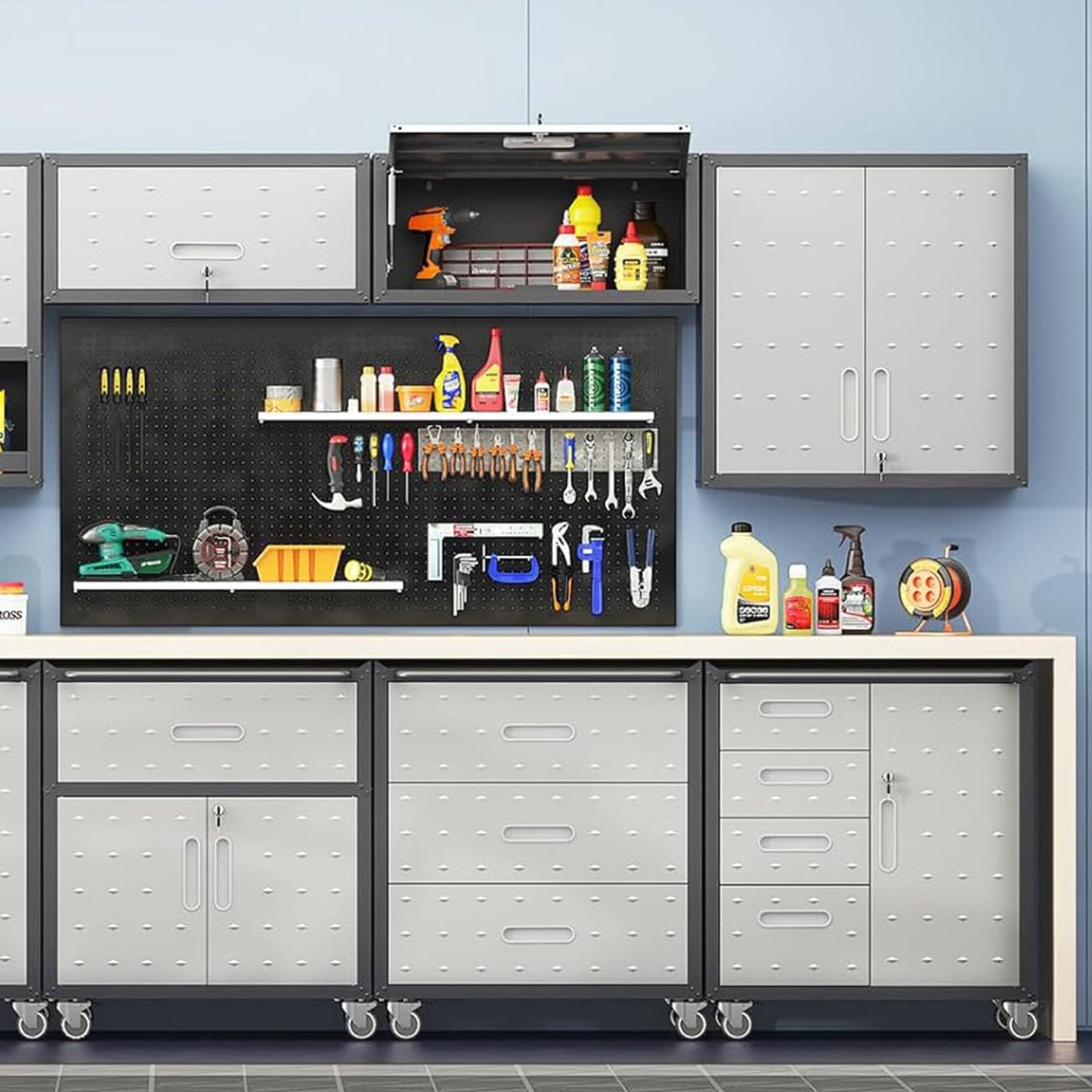EKJ Metal Garage Wall Cabinet with Lock, Wall Mounted Metal Storage Cabinets with Doors and Shelf, Lockable Floating Tool Storage for Garage Basement Utility Room