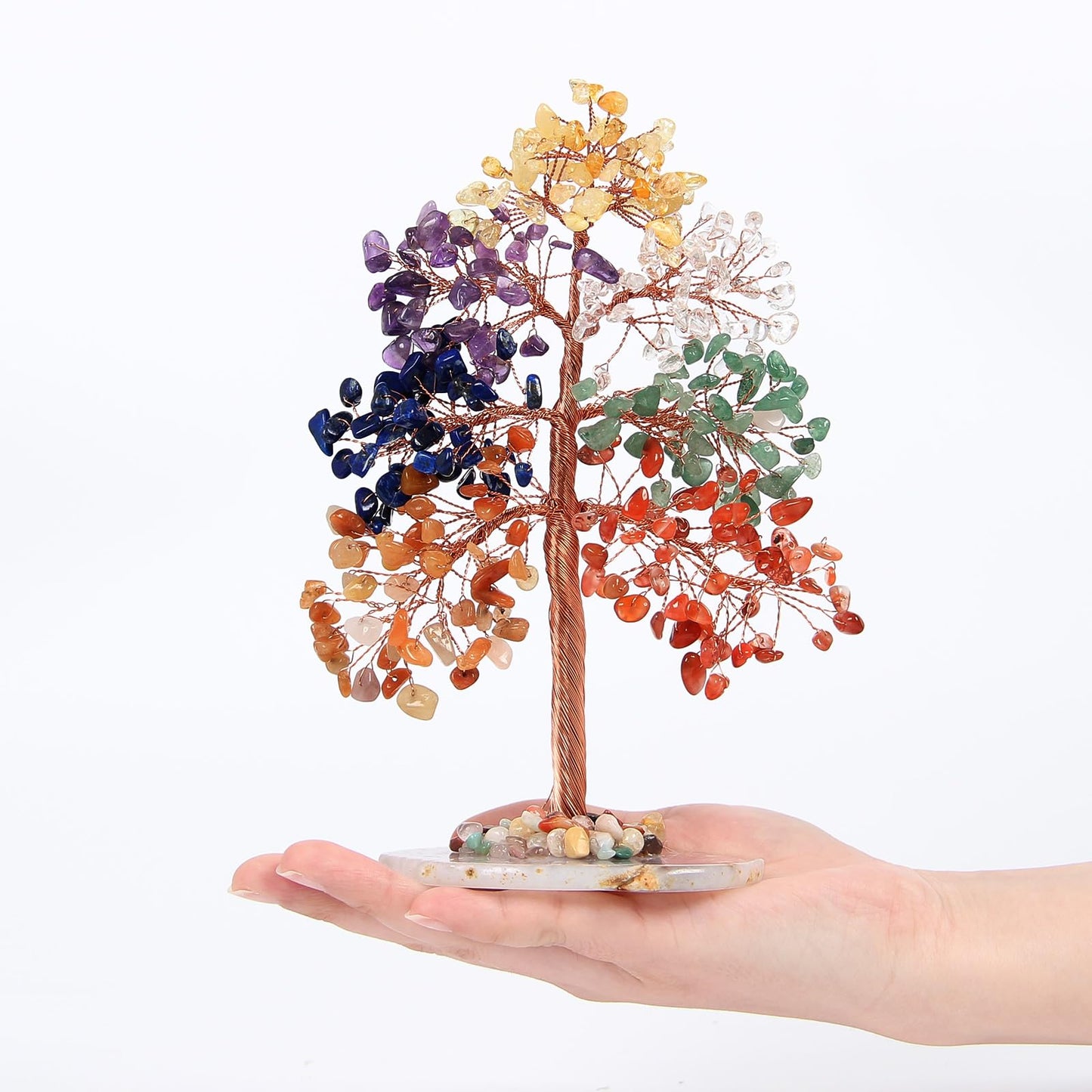 7 Chakra Healing Crystal Tree with Agate Slice Base- 8 Inch High Large Crystal Tree of Life for Home and Office Decor, Yoga, Meditation, Good Luck, Witchcraft, Positive Energy Handmade Birthday Gift
