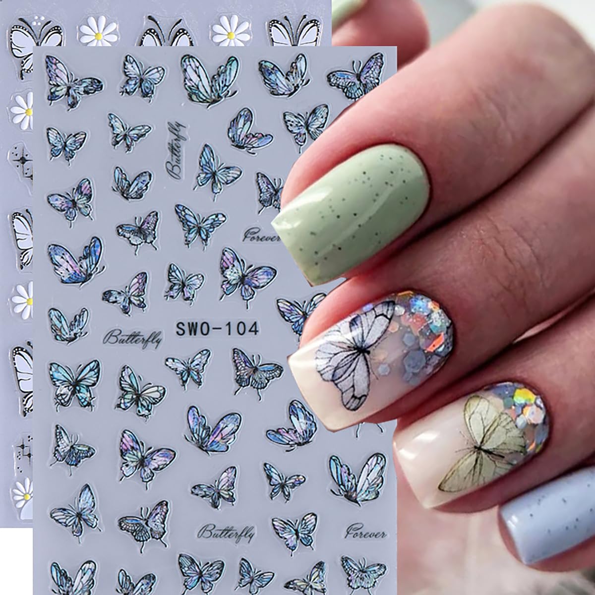 Butterfly Nail Art Stickers Decals 3D Self-Adhesive Nail Decals Design Spring Summer Nail Daisy Flower Butterflies Nail Stickers Supplies for Women DIY Manicure Decoration 2 Sheet