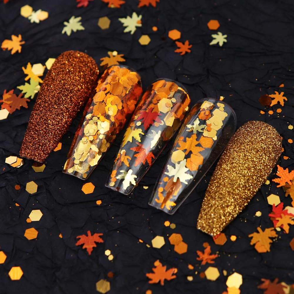 Golden Fall Nail Art Glitters Maple Leaf Nail Sequins, LPOODDNU Autumn Leaves Nail Decoration Accessories 3D Maple Leaves Nail Decals Professional Fall Nail Designs for Women Manicure DIY, 6 Jars