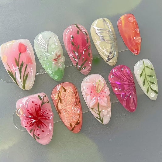 EYZOTSF Press on Almond Nails Medium Length Glossy Full Cover Acrylic Almond Shaped False Nails with Designs Artificial Fake Nail with Charms Glue Stick ons Fingernails for Women Girls(W2015)