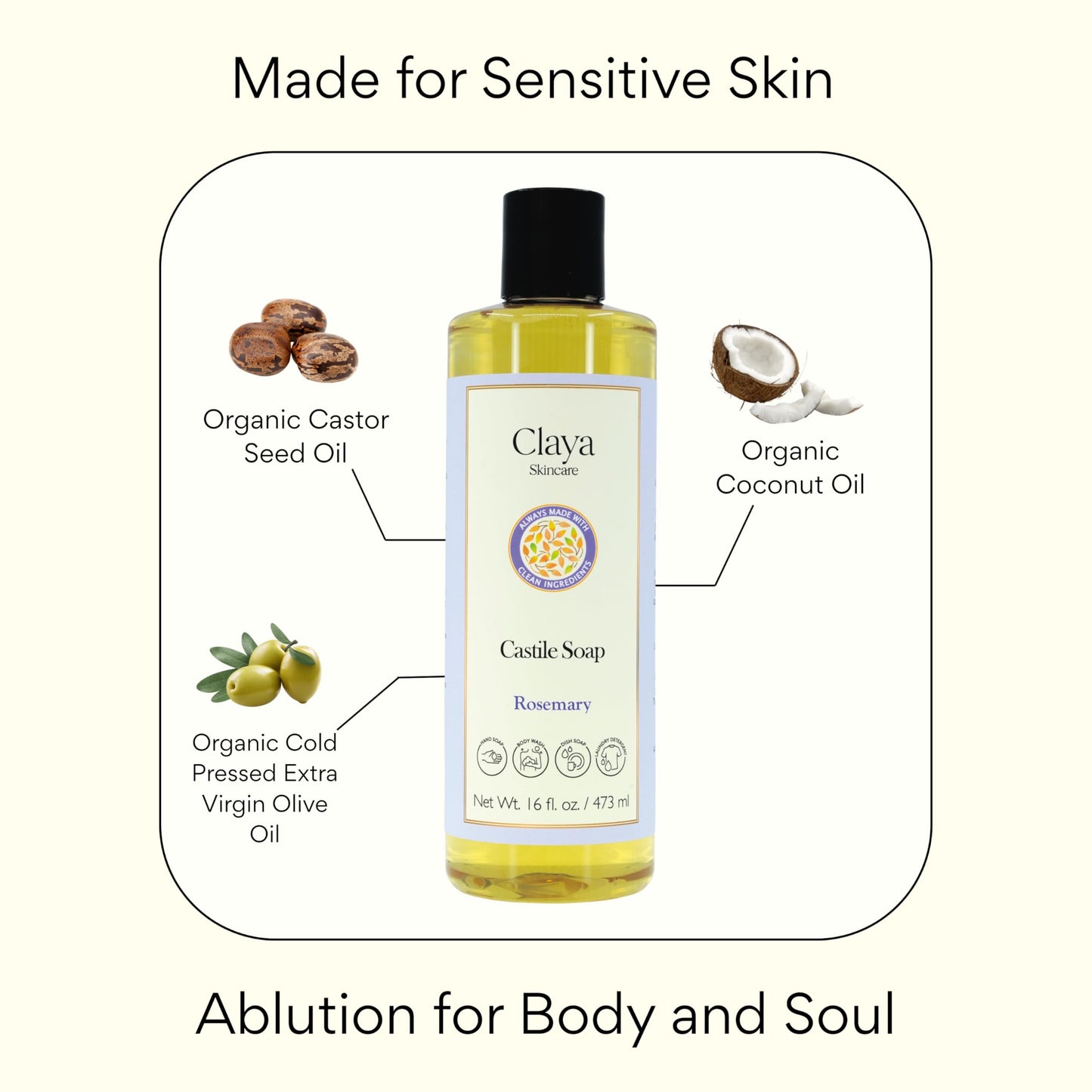 Claya Liquid Castile Soap – Organic Ingredients, Biodegradable, Gentle for Sensitive Skin and Versatile Use (64 fl oz, Peppermint)