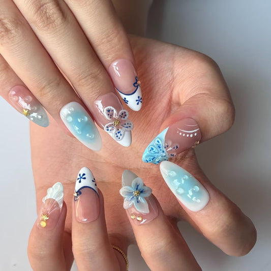 Handmade Press On Nails - MAGLFELL Spring Nails Almond Fake Nails, 3D Blue Carving Floral and French Design, Reusable 10Pcs Acrylic Fingernail Salon Artificial Nails Kit (Size L)