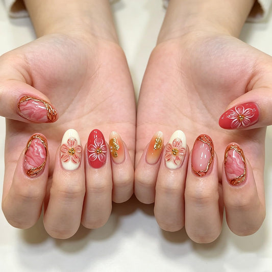 Almond Press On Nails - Medium Pink Gradientw th 3D Flowers Pearl Designs Gold Flower Fake Nails Glossy Finished Reusable False Nails with Glue Tabs - 30Pcs Nail Kit for Women Manicure