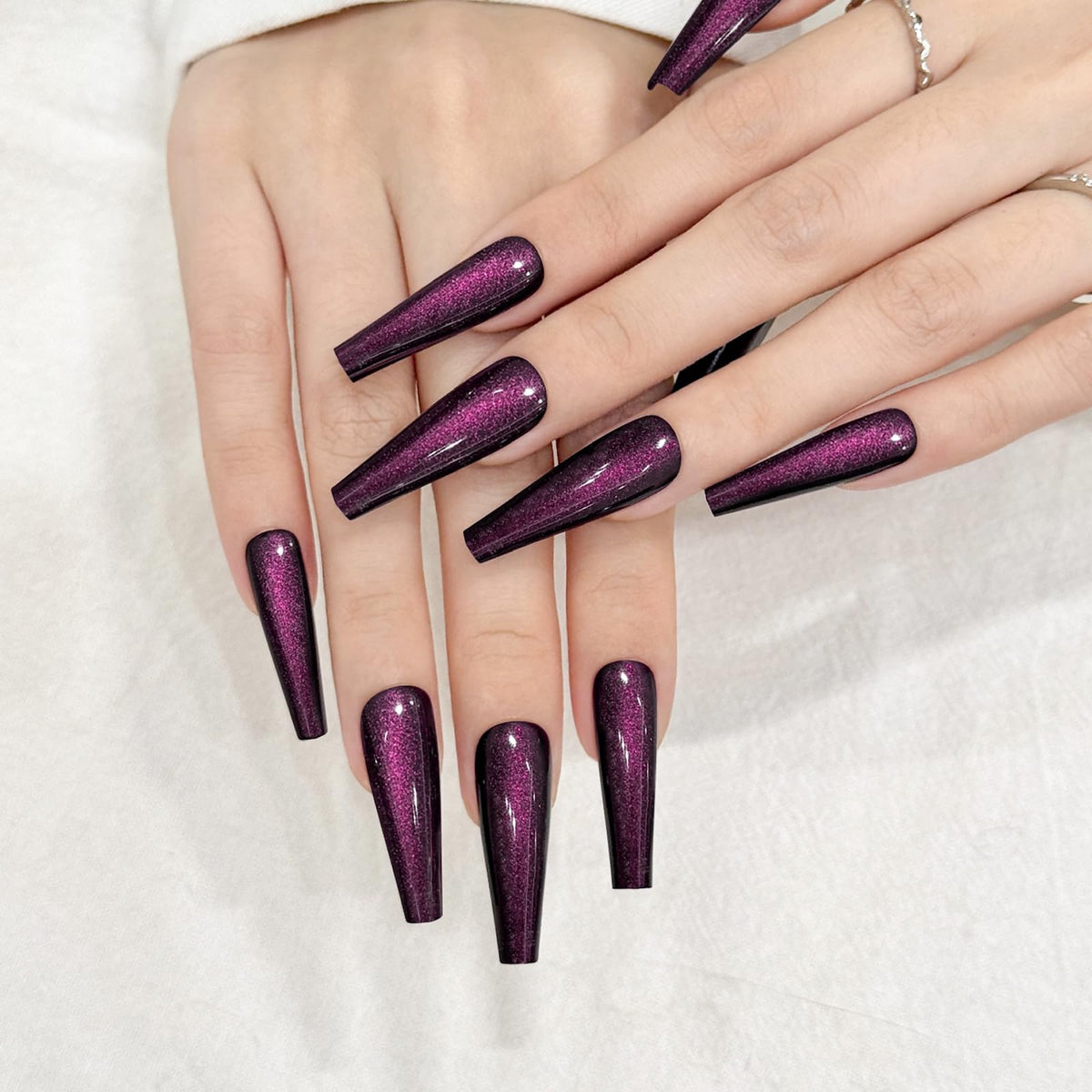 Dark Purple Cat Eyes Press On Nails,12 Sizes - 24 Pcs Soft Gel Purple Long Coffin Fake Nails Kit with Nail Glue, Natural Reusable Stick On False Nails for Women and Girls SK1045