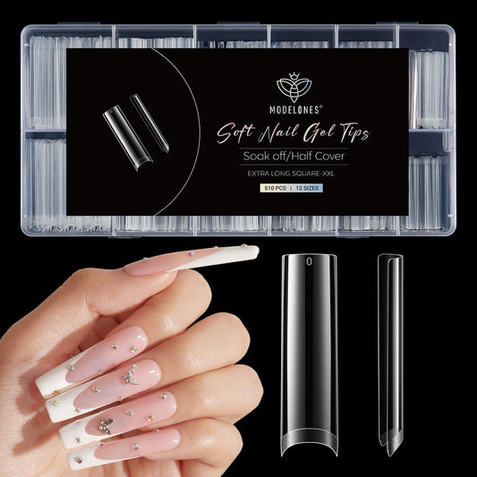 Modelones XXL Square Half Cover Nail Tips, No C Curve 510Pcs Extra Long Extension Tips Pre-Etched Fake Press on Nails Tips Clear Natural Fit Acrylic Gel False Nails for Extension DIY Salon 15Sizes