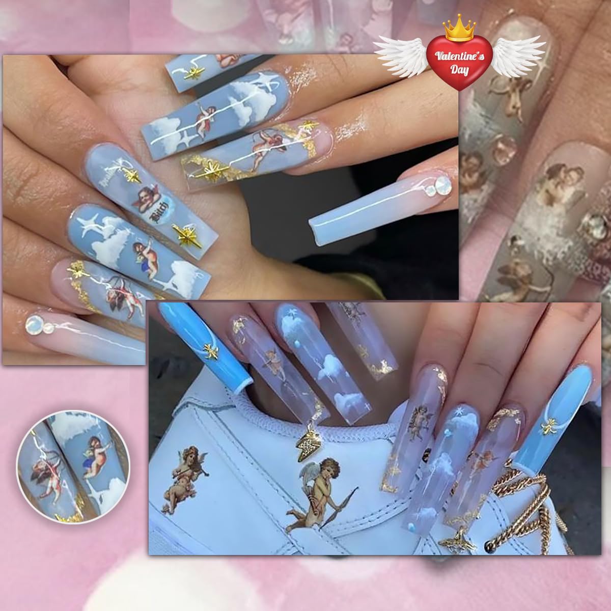 8 Sheets Angel Nail Art Stickers 3D Self-Adhesive Cupid Nail Decals Rose Flower Heart Wings Design Love Charms for Women Girls Acrylic Manicure Salon Decoration Kits