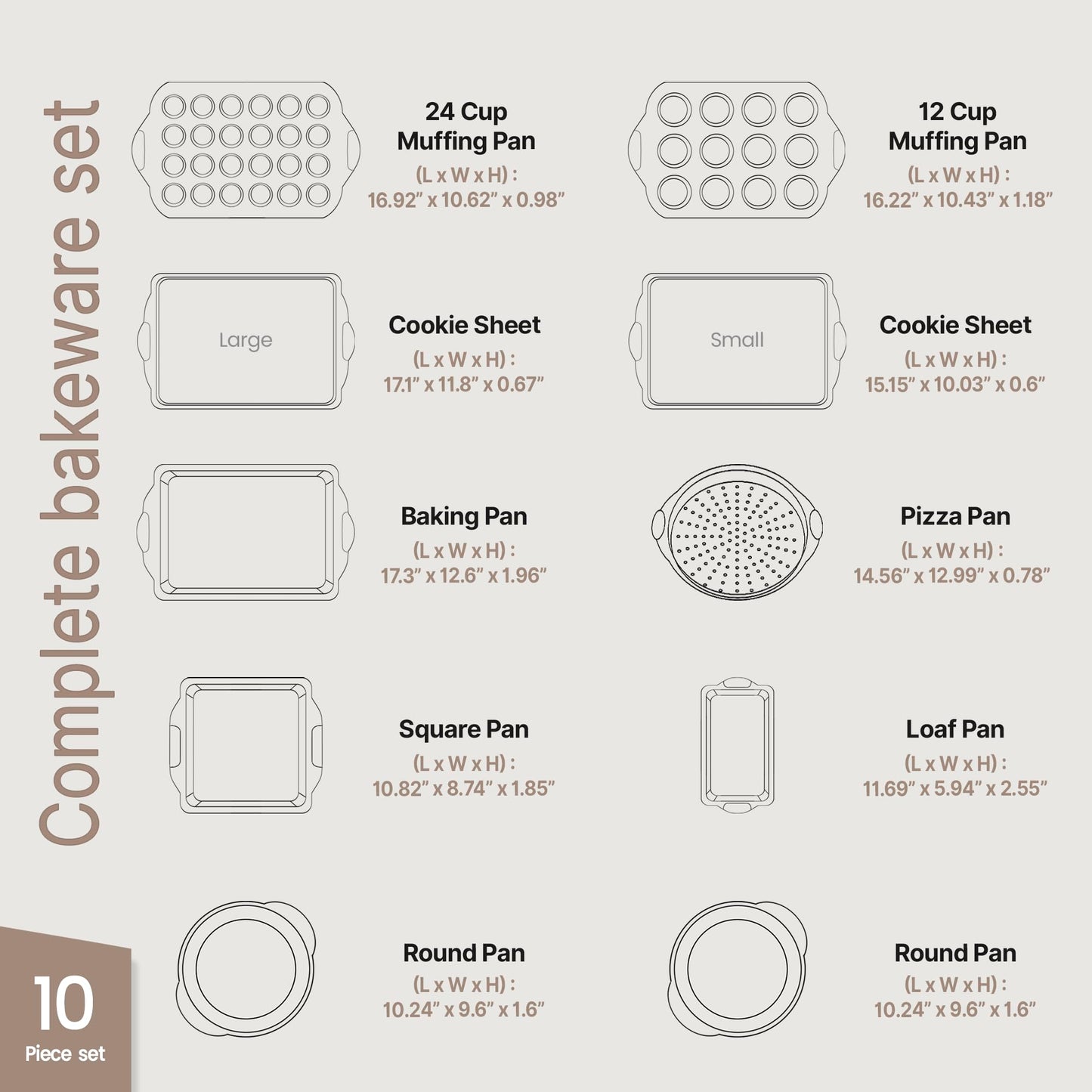 BAKKEN Kitchen Baking Pan Set - Nonstick Coating, Carbon Steel Bakeware Sets with Blue Silicone Handles, Baking Kitchen Essentials, PFOA, PFOS, PTFE Free, Oven Safe Tray (Up To 450° F), Set of 10