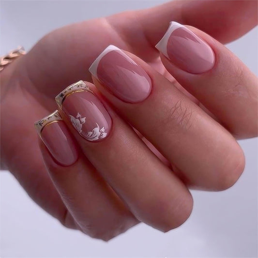 Square Press on Nails Short Fake Nails White French Tip False Nails Pink Glossy Glue on Nail with Flower Design Acrylic Nails Press ons Full Cover Stick on Nail for Women 24Pcs