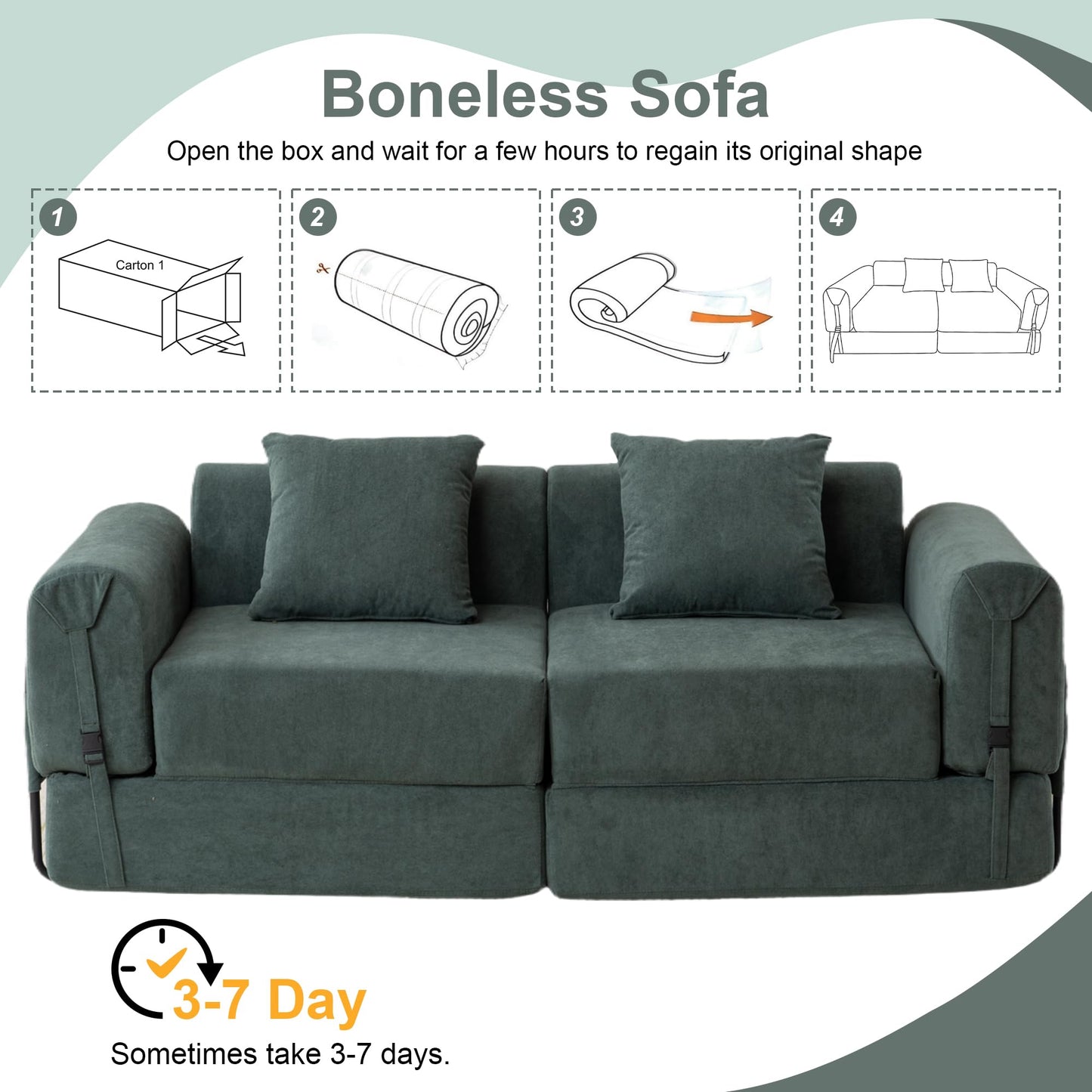 ILCQU Cloud Modular Sectional Sofa, Foldable Floor Couch Bed, Convertible Sleeper Sofa Bed, Fold Out Boneless Couches for Living Room, Office, Guest Room, Apartment (Loveseat, Green)
