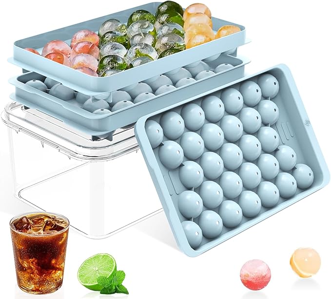 Ice Cube Tray with Lid and Bin Ã¢ÂÂ Round Ice Cube Trays for Freezer, BPA-Free Food-Grade Ice Mold, Stackable Ice Ball Maker, Iced Bucket Kits, Circle Ice Tray for Cocktails, Whiskey, Coffee, and Drinks