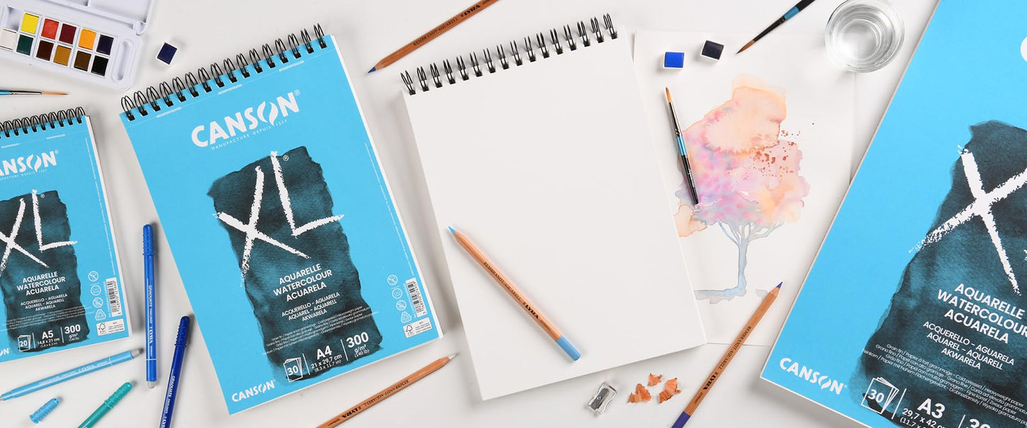 CANSON XL Watercolour 300gsm A5 Paper, Cold Pressed, Spiral Pad Short Side, 30 White Sheets, Ideal for Professional Artists