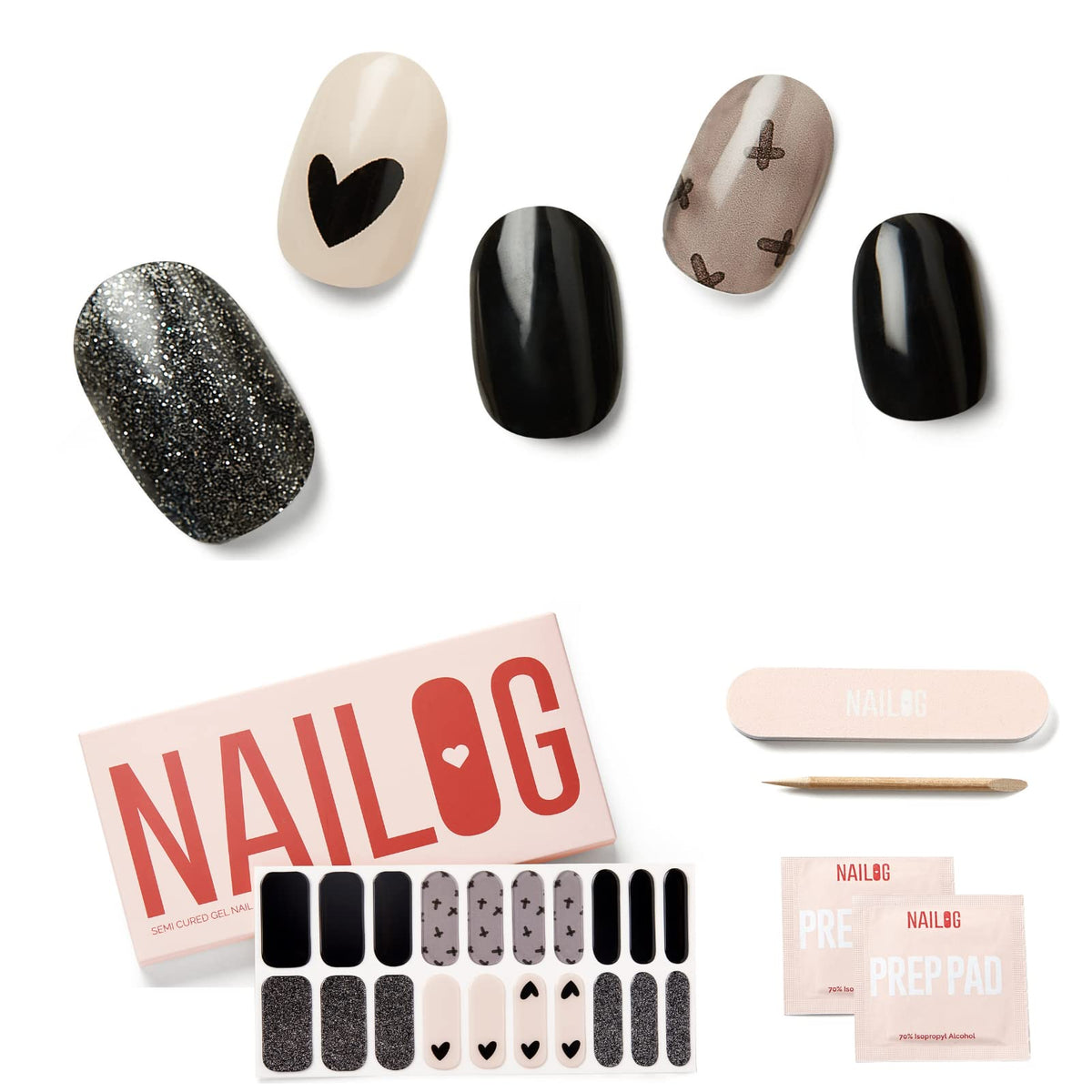 NAILOG Semi Cured Nail Strips for Halloween, 20 Extra Long Gel Nail Strips │ Glossy & Long Lasting Nail Polish Stickers, Nail Wraps with Soft Gel Finishing │Black Little Heart