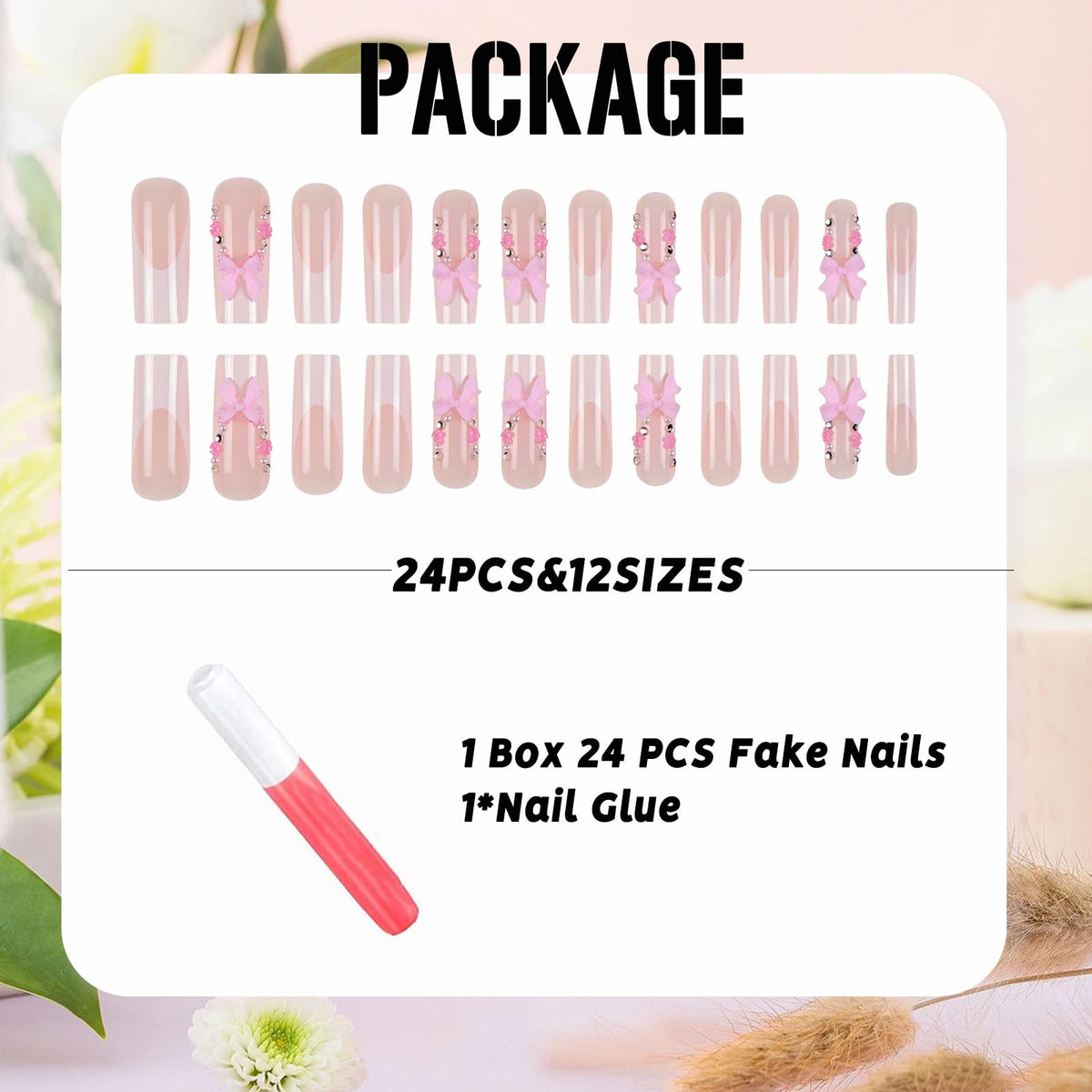 IMSOHOT Press on Nails Long Square Fake Nails White French Tips Acrylic False Nails with Pink Flower & Bow Designs Glossy Glue on Nails for Women Girls DIY Manicure Decorations 24Pcs