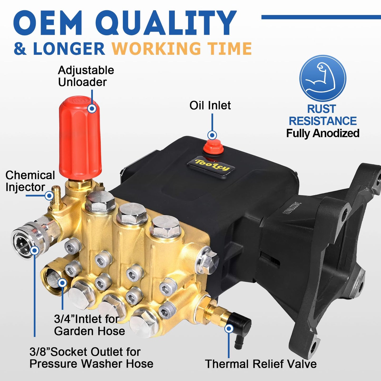 TOOLCY Pressure Washer Pump 3600-4400 PSI Max 4.4 GPM, 1 inch Shaft Horizontal Triplex Plunger Power Washer Pump Replacement, Direct Drive Pressure Pump with Unloader, 5 Nozzle Tips, M22-14mm Adapter