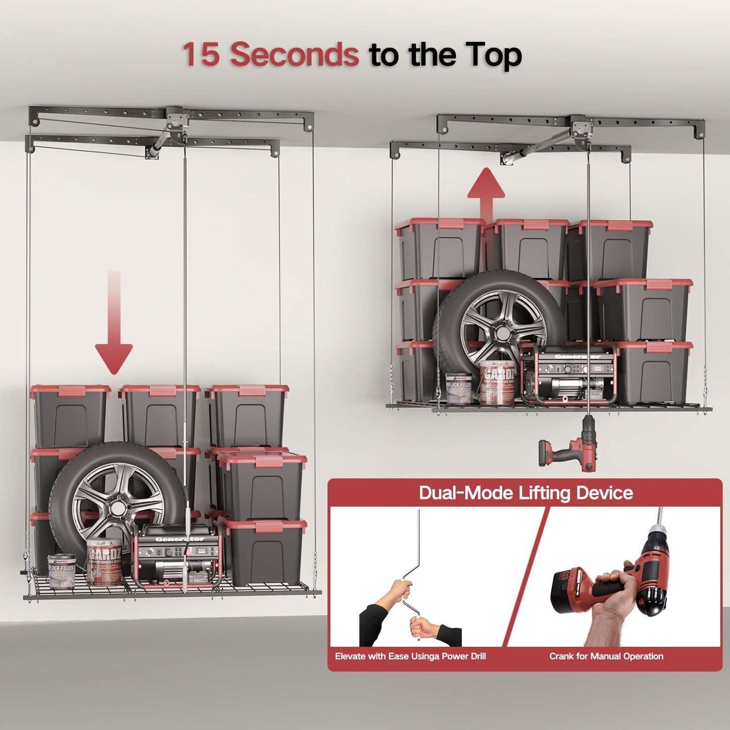 Overhead Garage Storage Rack, Heavy-duty 4x4 Ft Ceiling Storage Racks with Safety Lock, Ideal for Garage Storage Mounted Lift System and Storage Organizer, 250lbs Capacity, Black (10-12 ft Ceiling)