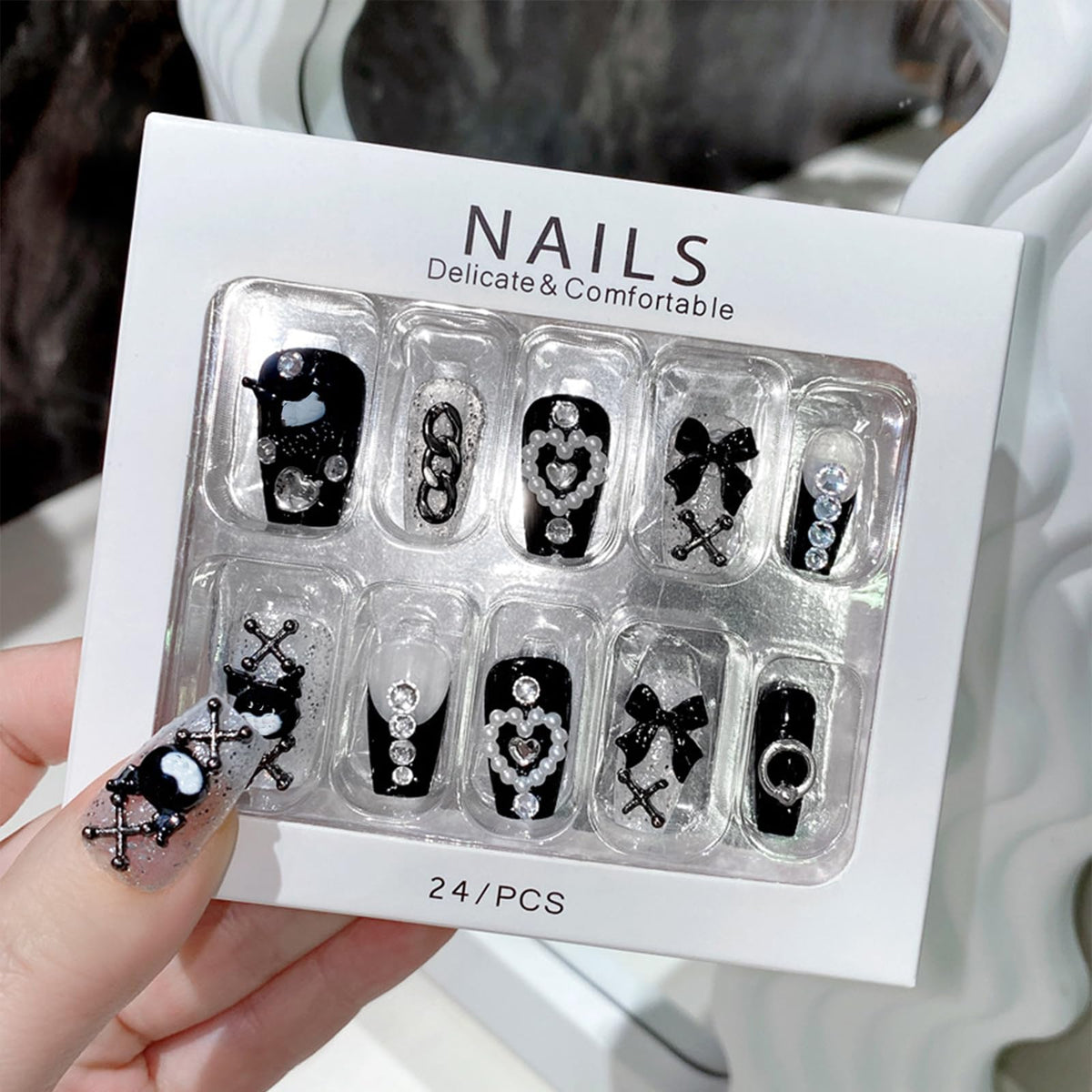 IMSOHOT Black Press on Nails Medium Coffin Fake Nails French Glossy Full Cover Y2K Bow & Rhinestone Designs Handmade Artificial Stick on Ballerina Nails for Women Girls 24Pcs