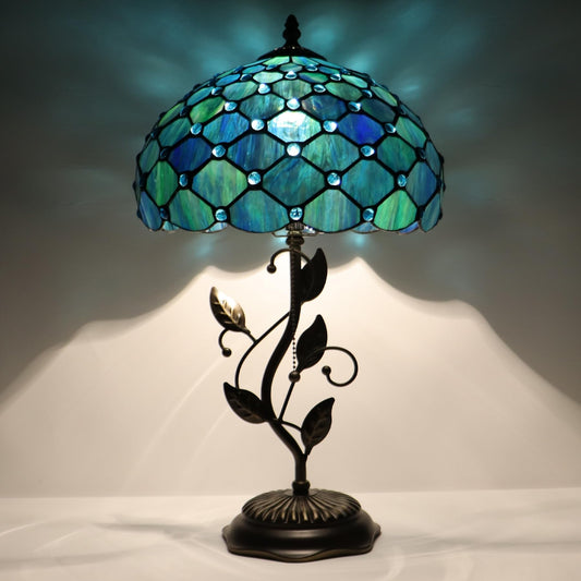 LXHCYOU Tiffany Table Lamp, Stained Glass Desk Light, W12H19 Inch, Metal Leaf Base (Sea Blue Pearl Style)