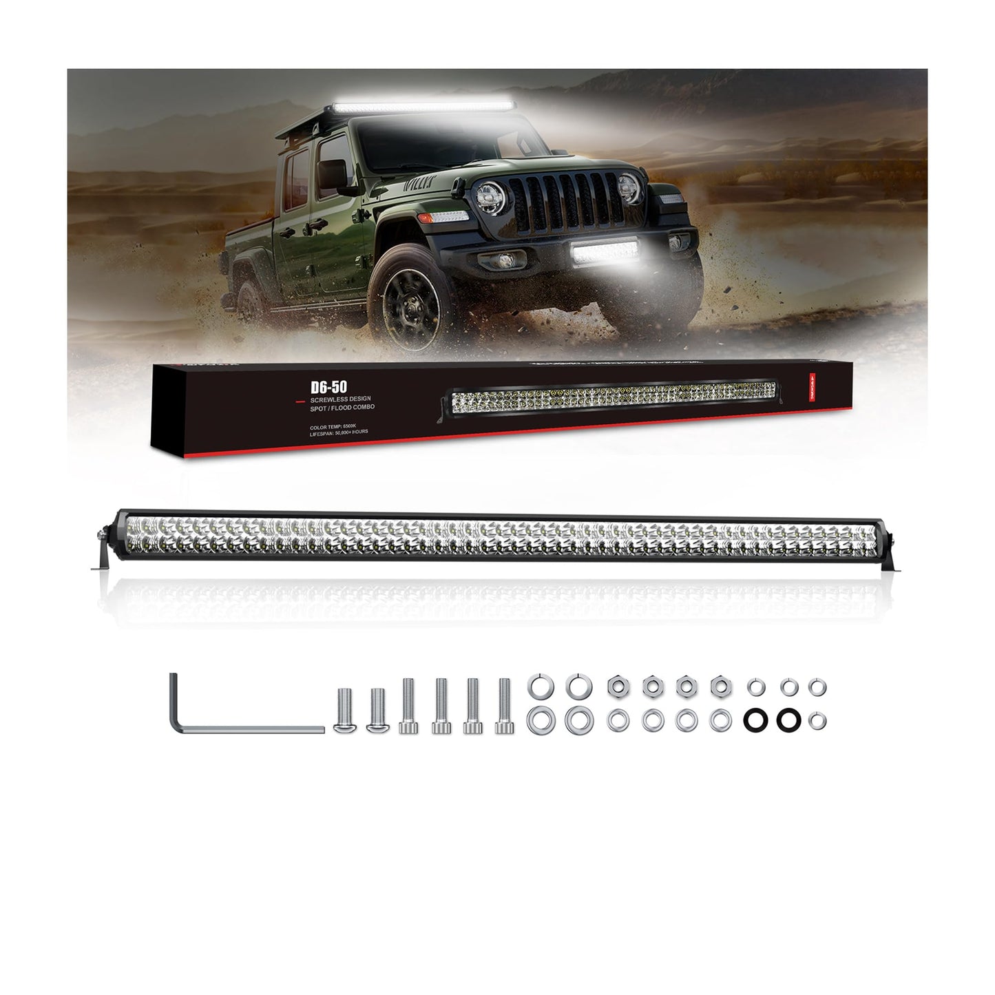 4WDKING LED Light Bar 50 inch IP68&IP69K Waterproof Dual Row Off Road Light Bar with DT Connector 300W Flood and Spot Combo Beam Work Light for Truck Cars ATV UTV Boat