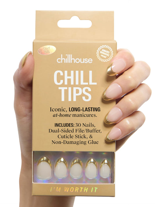 Chillhouse - Chill Tips, French Tip Press On Nails Kit - I'm Worth It (Oval - Short) - 30 Nail Shapes & Sizes - 2 Weeks of Wear - Customizable Fit - French Manicure Kit, Women Owned, Beauty, Self Care