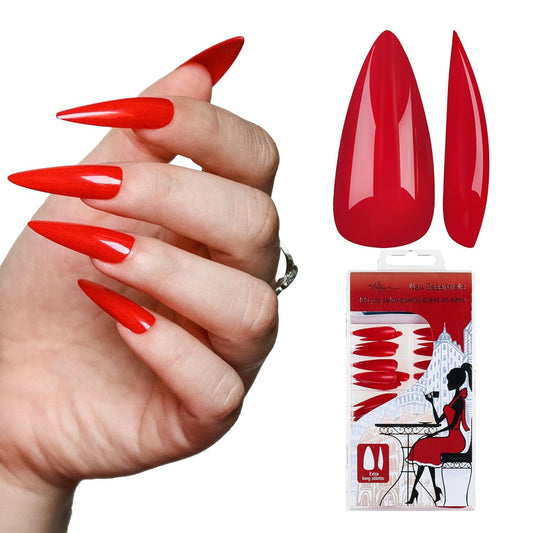 Allkem Press On Nails - Hot Red Glossy Extra Long Stiletto Sculpted Multipack | 10 sizes - 100 pcs False Nails Full Cover Nail Kit with Glue