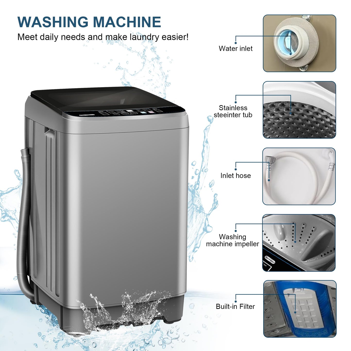 Portable Washing Machine, 25Lbs Capacity Portable Washer with Drain Pump, Full-Automatic Washer with 10 Programs & 8 Water Levels for Apartment, Dorms, Home, Grey
