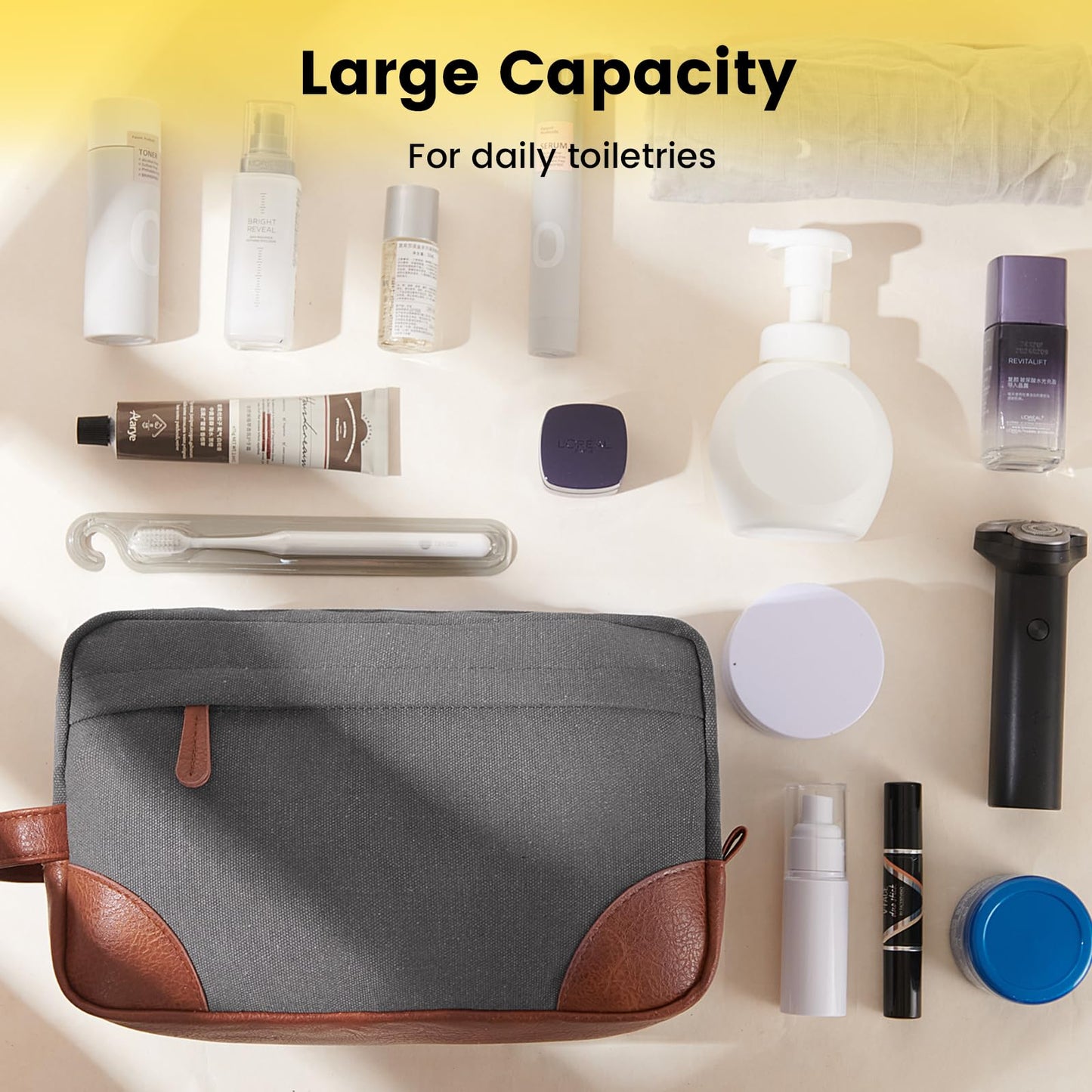 Vorspack Large Travel Toiletry Bag - Hanging Toiletry Bag for Men Water Resistant Canvas Shaving Bag with Large Capacity for Home Travel - Light Grey