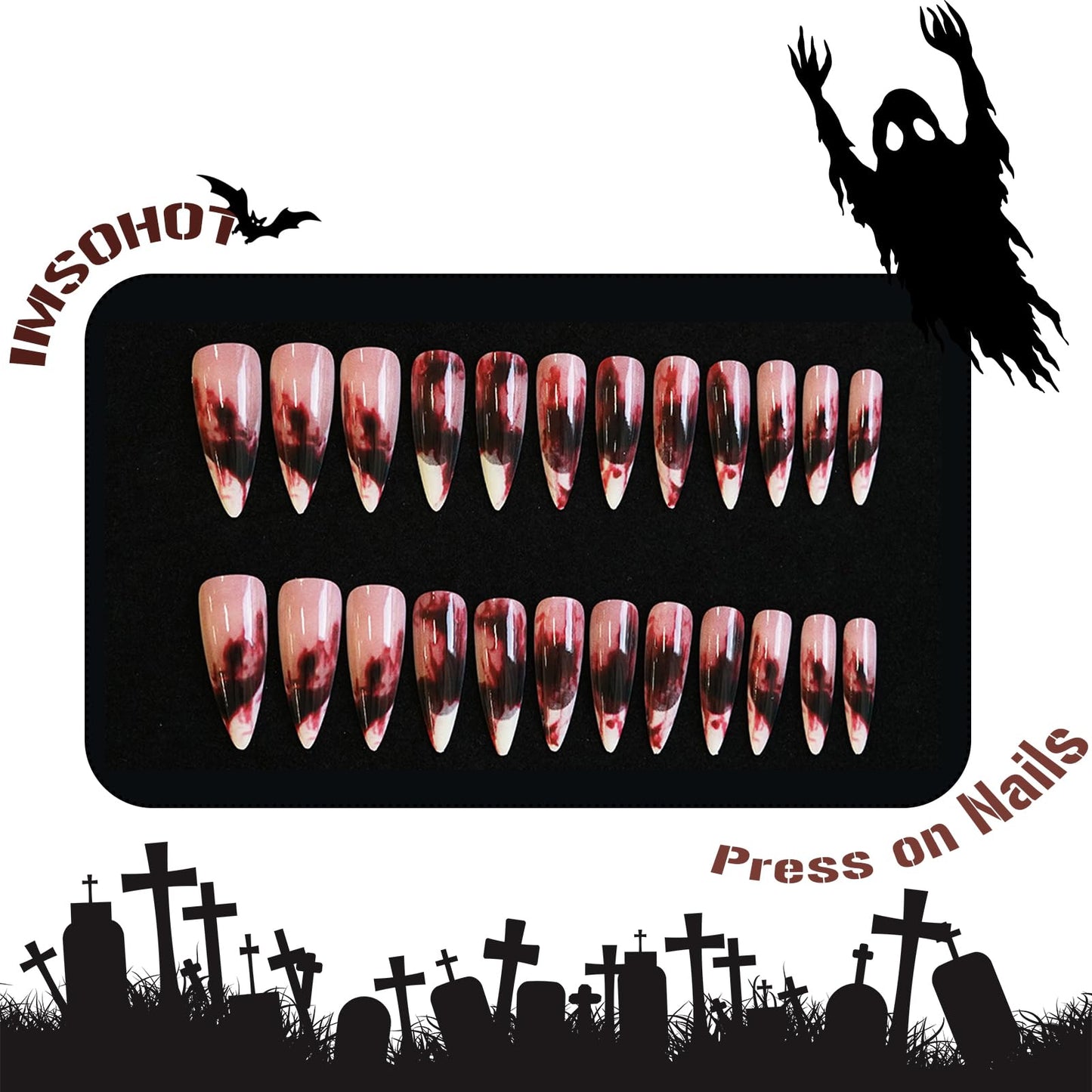 IMSOHOT Long Stiletto Press on Nails Red Ombre White French Tips Fake Nails Glossy Acrylic False Nails Full Cover Halloween Nail Supplies Glue on Nails for Women 24Pcs