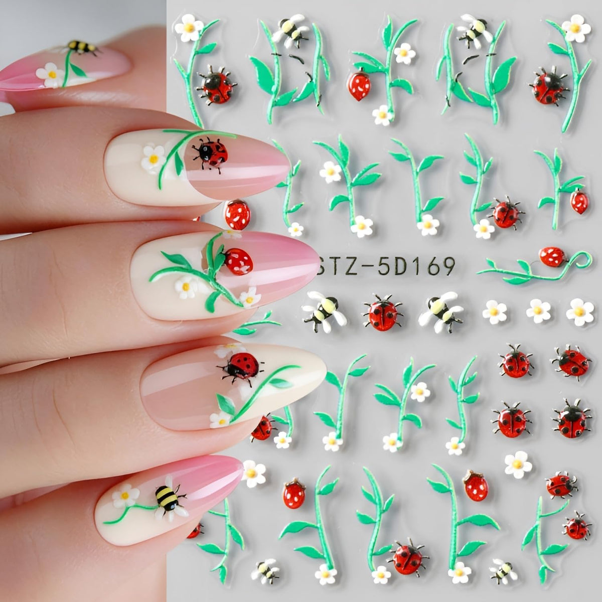 Spirng Nail Stickers for Nail Art 5D Embossed Cute Ladybug Nail Decals Flower Nail Art Stickers Strawberry Leaf Nail Design Summer Nail Art Supplies for Women Girls 2 Sheets