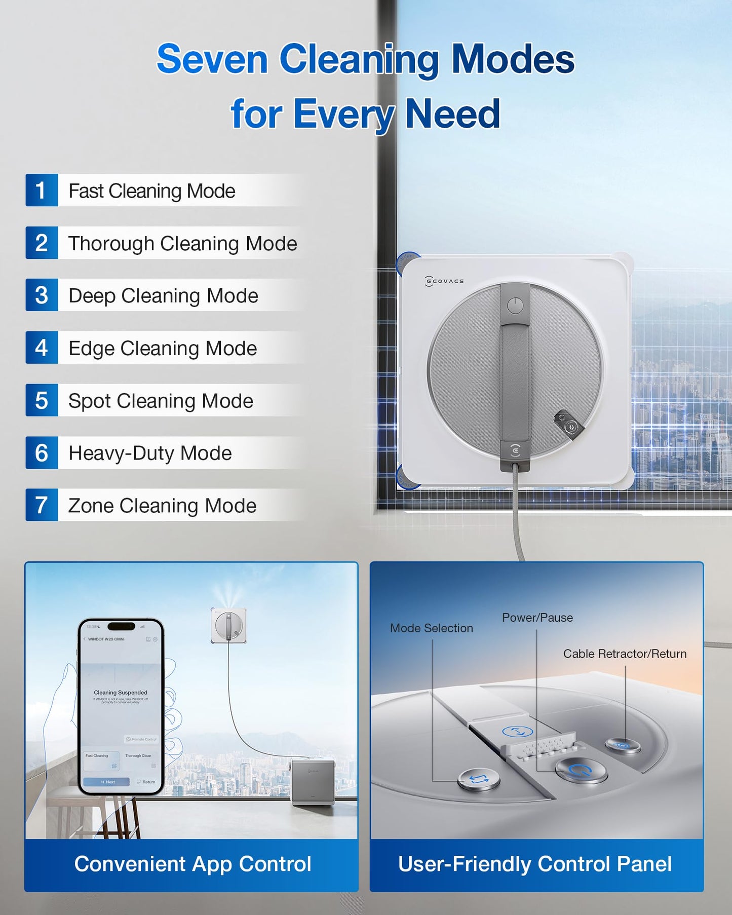 ECOVACS WINBOT W2S Omni Window Cleaning Robot, with 6-in-1 Multifunction Station, TruEdge Edge-to-Edge Precision, Triple Wide-Angle Spray Nozzles, 12-Level Safety System, Dual Power Modes