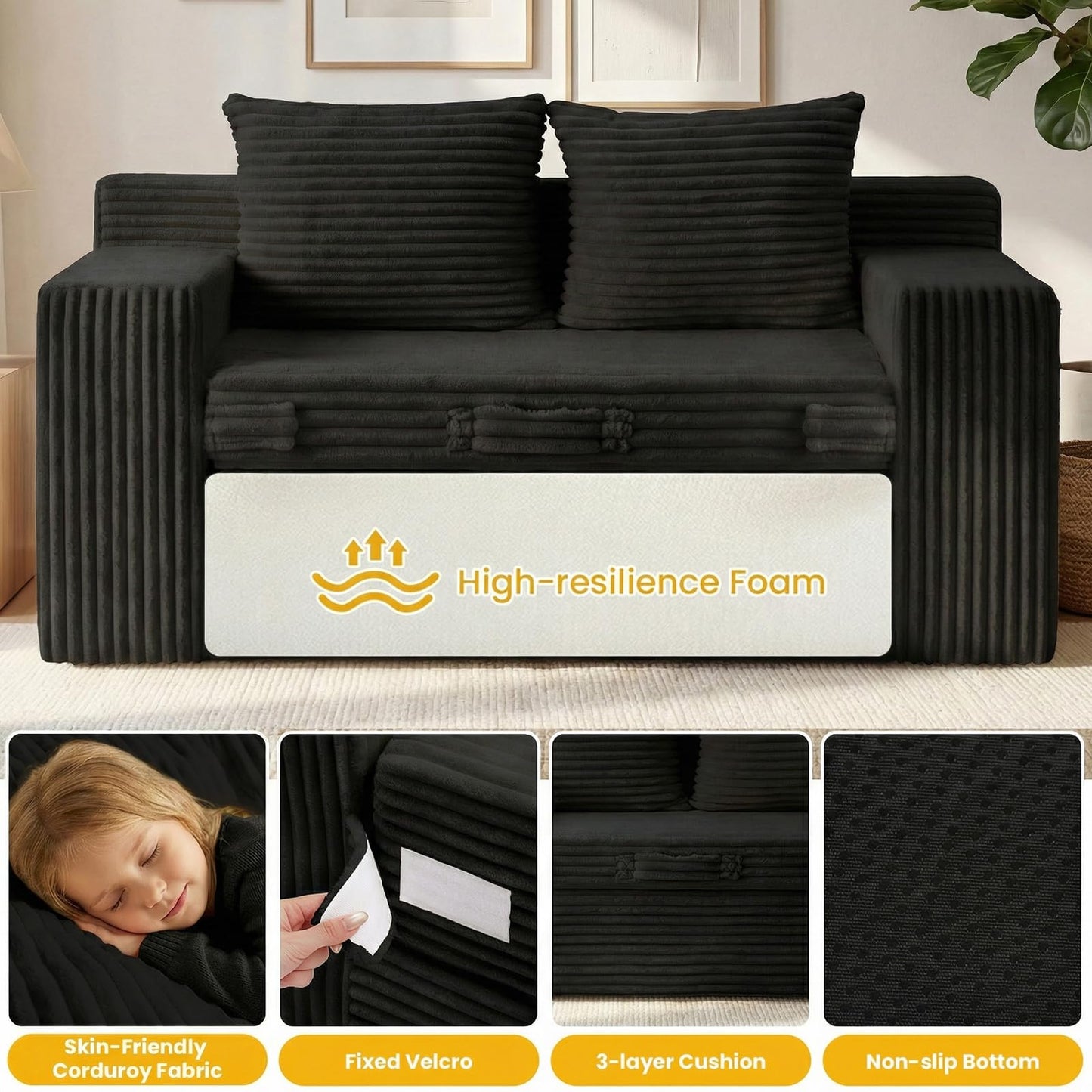 Boneless Loveseat Sleeper Sofa Bed: 3-in-1 Convertible Sofa Bed with Side Pockets & Handle,Pull Out Couch with 2 Pillows,Folding Futon for Small Space,Living Room & Bedroom,Corduroy Fabric,No Assembly