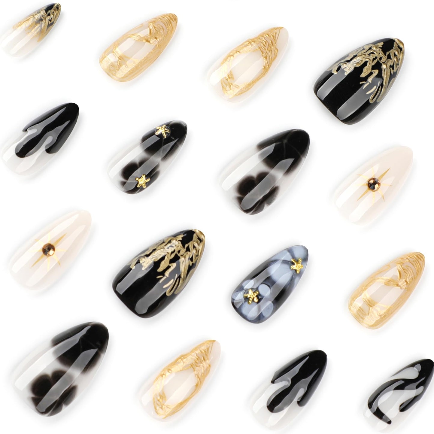 Almond Press On Nails Medium Fake Nails 3D Gold False Nails Flower Rhinestone With Gradient Design Artificial Nails Glossy Acrylic Stick On Nail Full Cover Glue On Nail For Women Manicure 24pcs