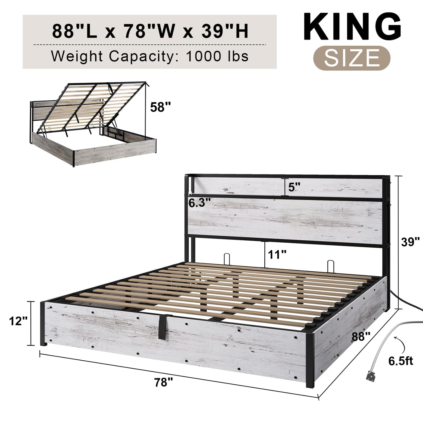 AMERLIFE King Size Lift Up Storage Bed Frame, Wooden Platform Bed Frame with Lifting Storage & Charging Station, No Spring Box Needed/Noise Free, White Birch