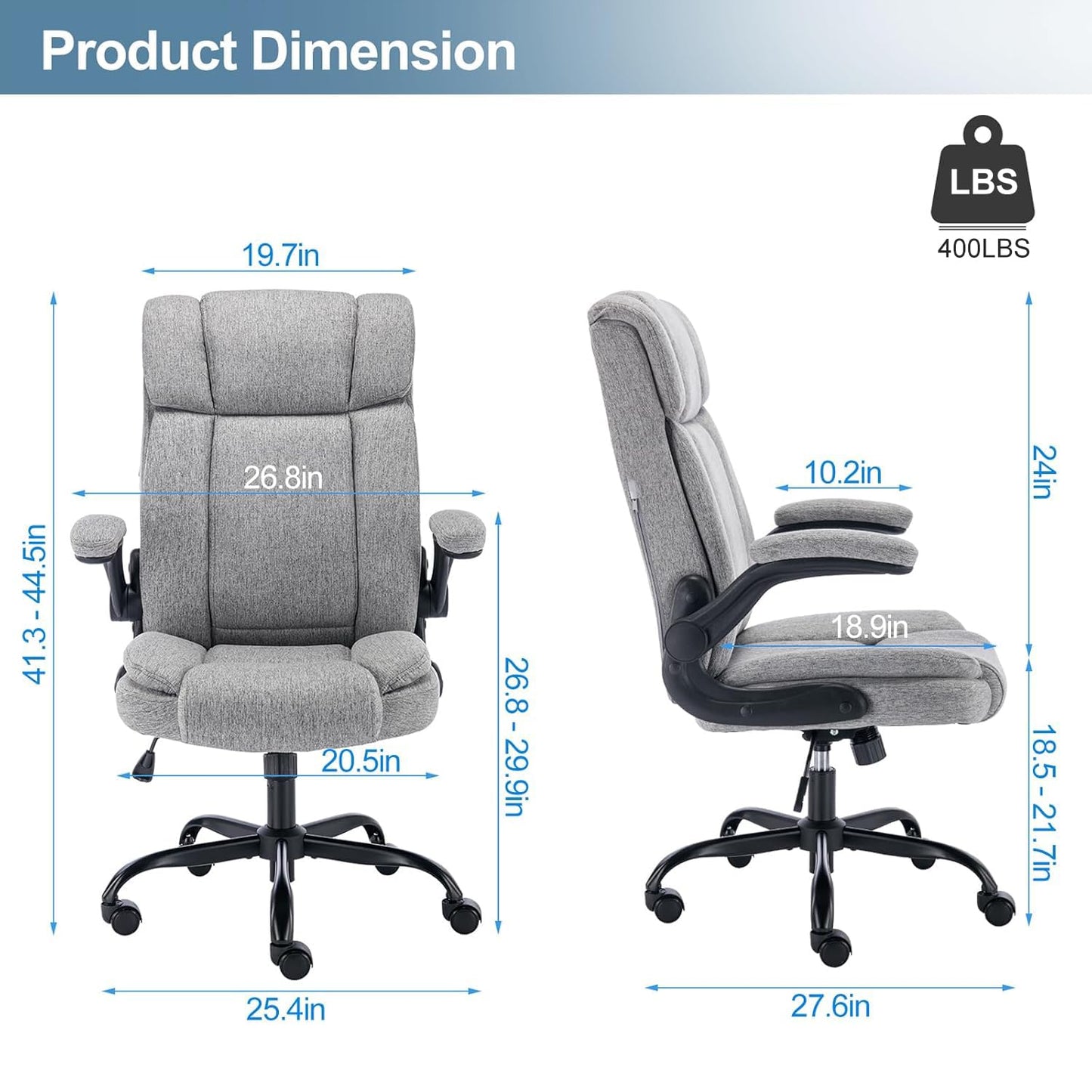 BRTHORY Office Chair High Back Ergonomic Executive Computer Desk Chair Comfortable Fabric Padded Home Office Desk Chairs with Flip-up Arm Rest Adjustable Height Swivel Wheels (Grey)