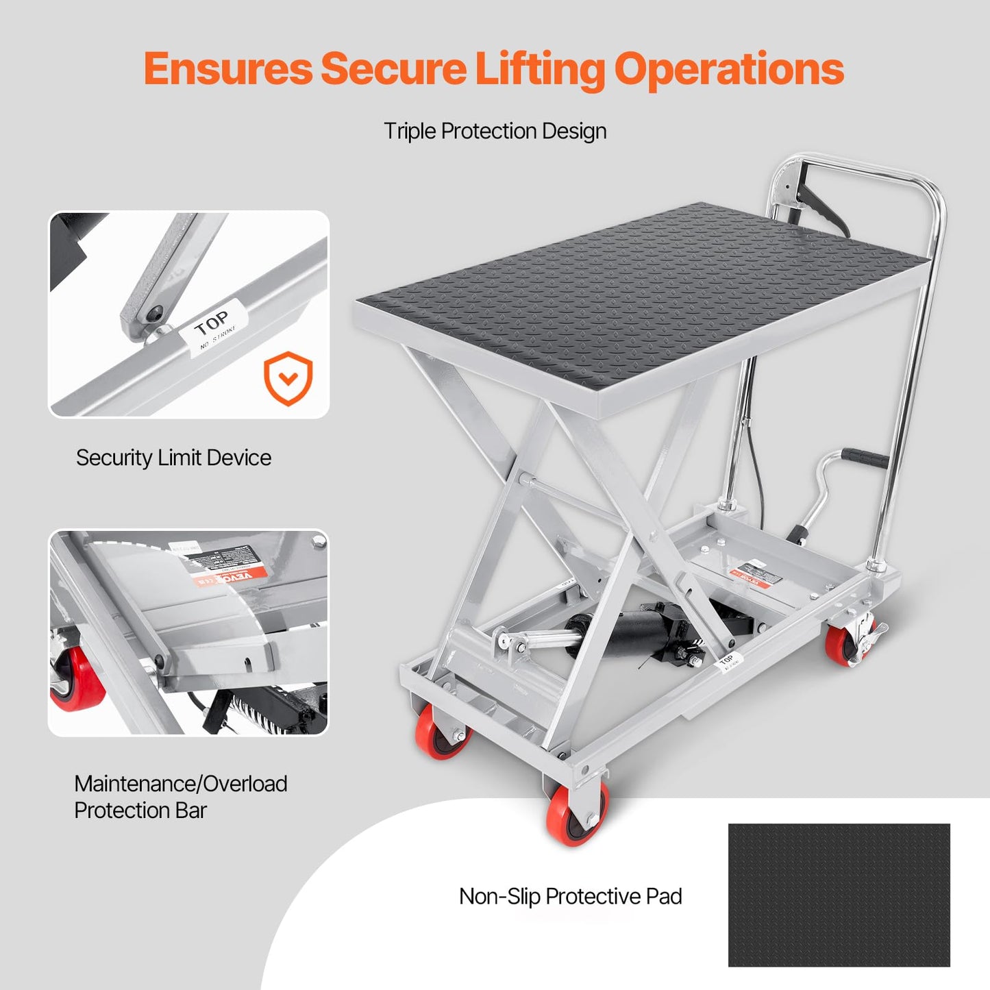 VEVOR Hydraulic Lift Table Cart, 500lbs Load Capacity 28.5 Inch Lifting Height, Manual Single Scissor Lift Table with 4 Wheels and Non-Slip Pad, Alloy Steel, Gray