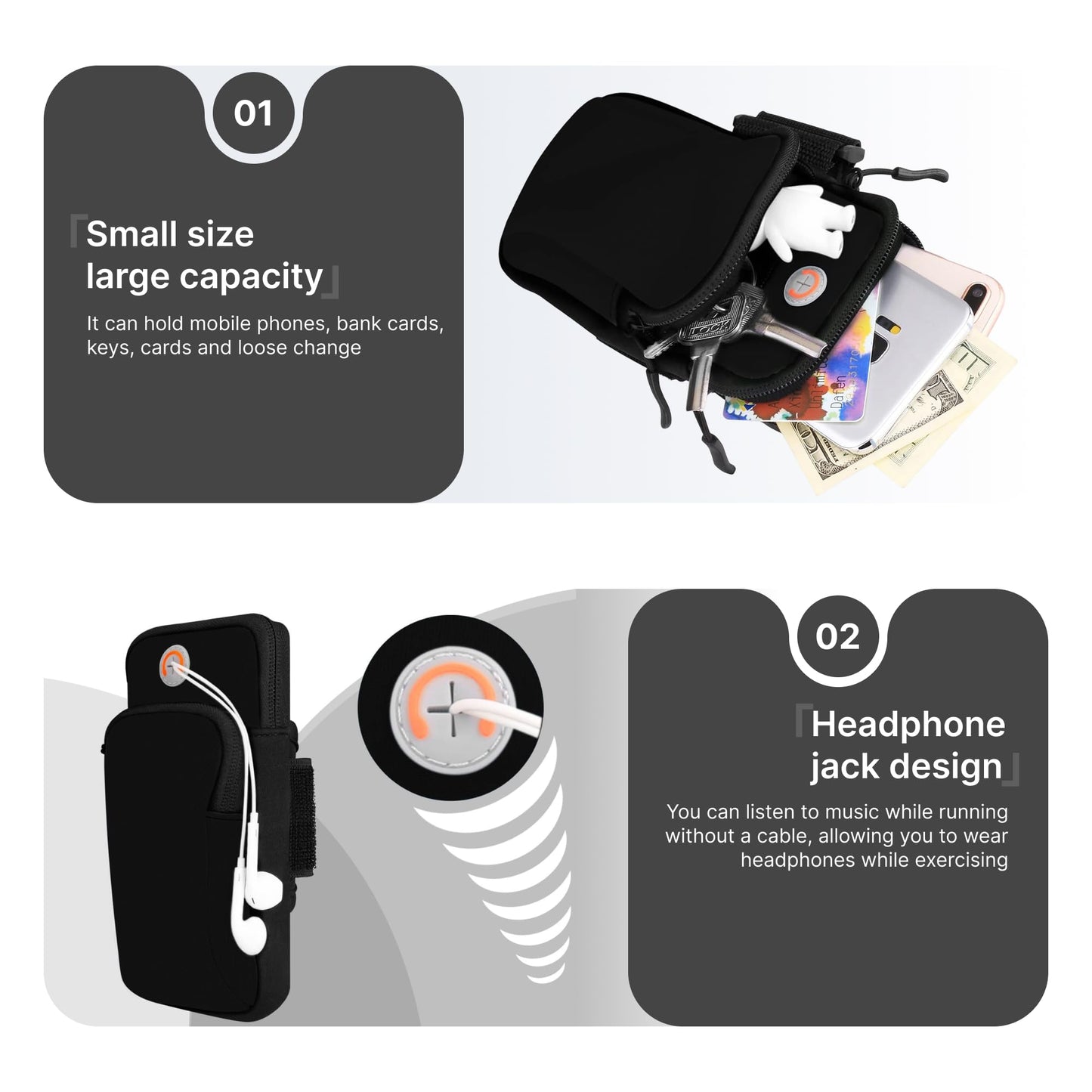 Running Armband, Adjustable Sports Band for Jogging, iPhone Workout Armband, Cell Pouch for Exercise Men Women (Black)