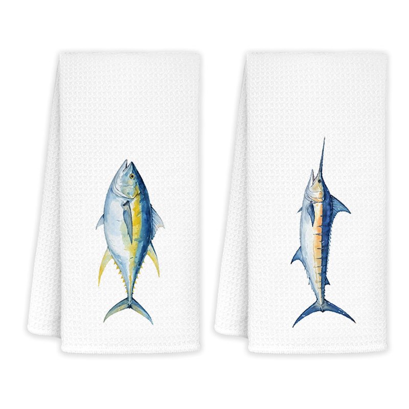 JINYO Coastal Beach Kitchen Towels, Fish Lover Gifts Hand Towels for Bathroom Kitchen Decor, Nautical Ocean Bathroom Decor, Tuna Marlin Fish Decorative Dish Tea Towels, 16x24 Inch Set of 2