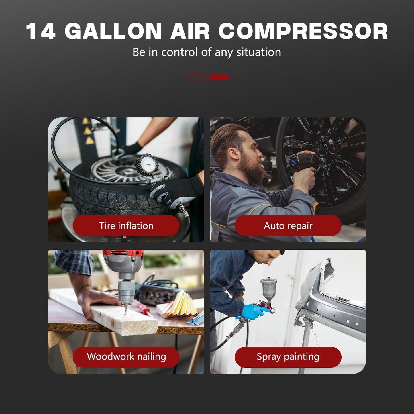 Nessxa 14 Gallon Ultra Quiet Air Compressor with 2 Quick Couplers 2HP 8.75 CFM, Max 115 PSI Pressure Oil-Free Air Compressor Tank, 70dB Quiet Compressor for Auto Repair, Tire Inflation 110V/60hz