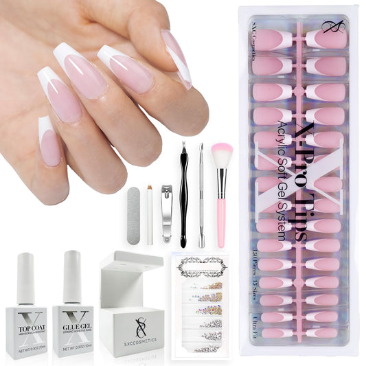 SXC Cosmetics French Tip Press On Nails – Pink Series, Medium Coffin Fake Nails X-Pro Tips Starter Kit | 150PCS, 15 Sizes, 5 Styles