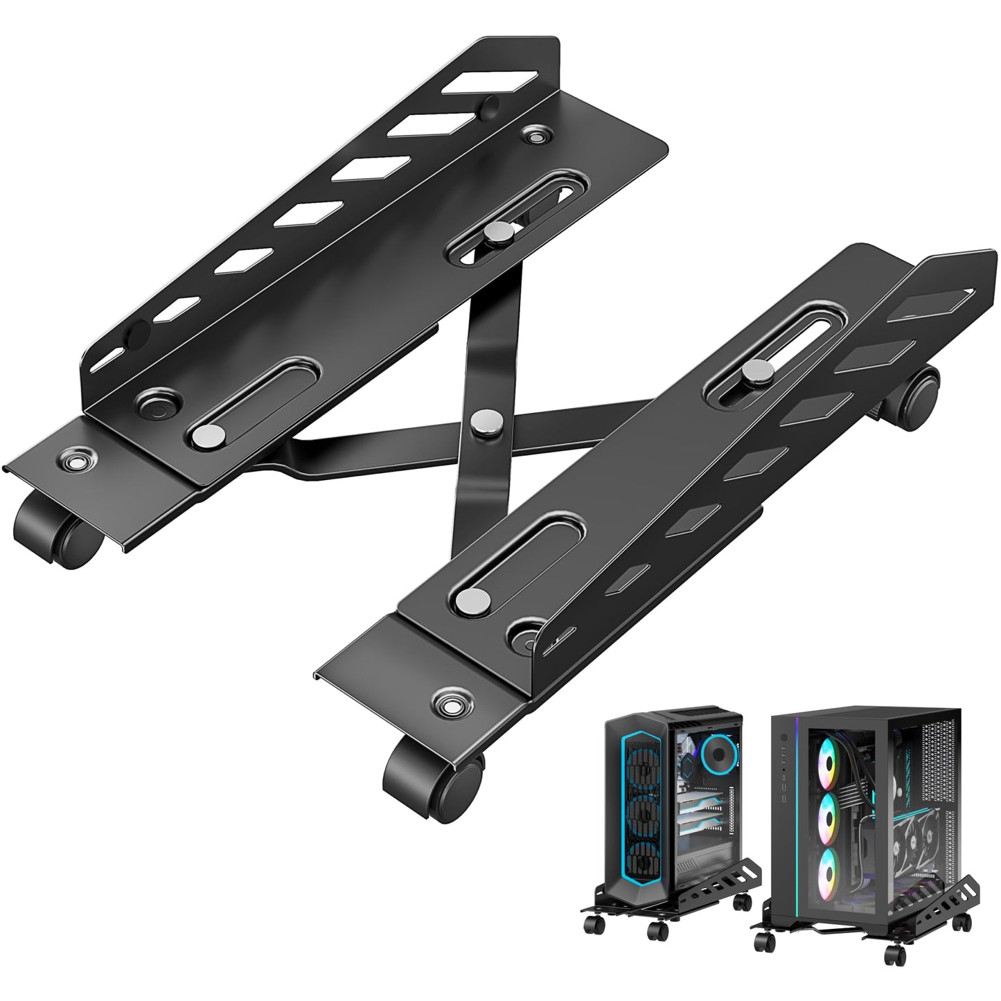 PEGZONE Adjustable PC Stand for Floor(400-510mm D, 160-300mm W), PC Tower Stand with 4 Caster Wheels, Ventilated Under Desk CPU Cart Holder for Office, Gamers, Black