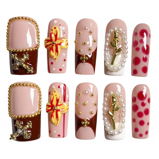Handmade Press On Nails Square Medium Golden Floral Handmade Nails 3d Floral French Reusable Wedding Prom And Festival Gift Handmade Acrylic Press On Nails (Medium)