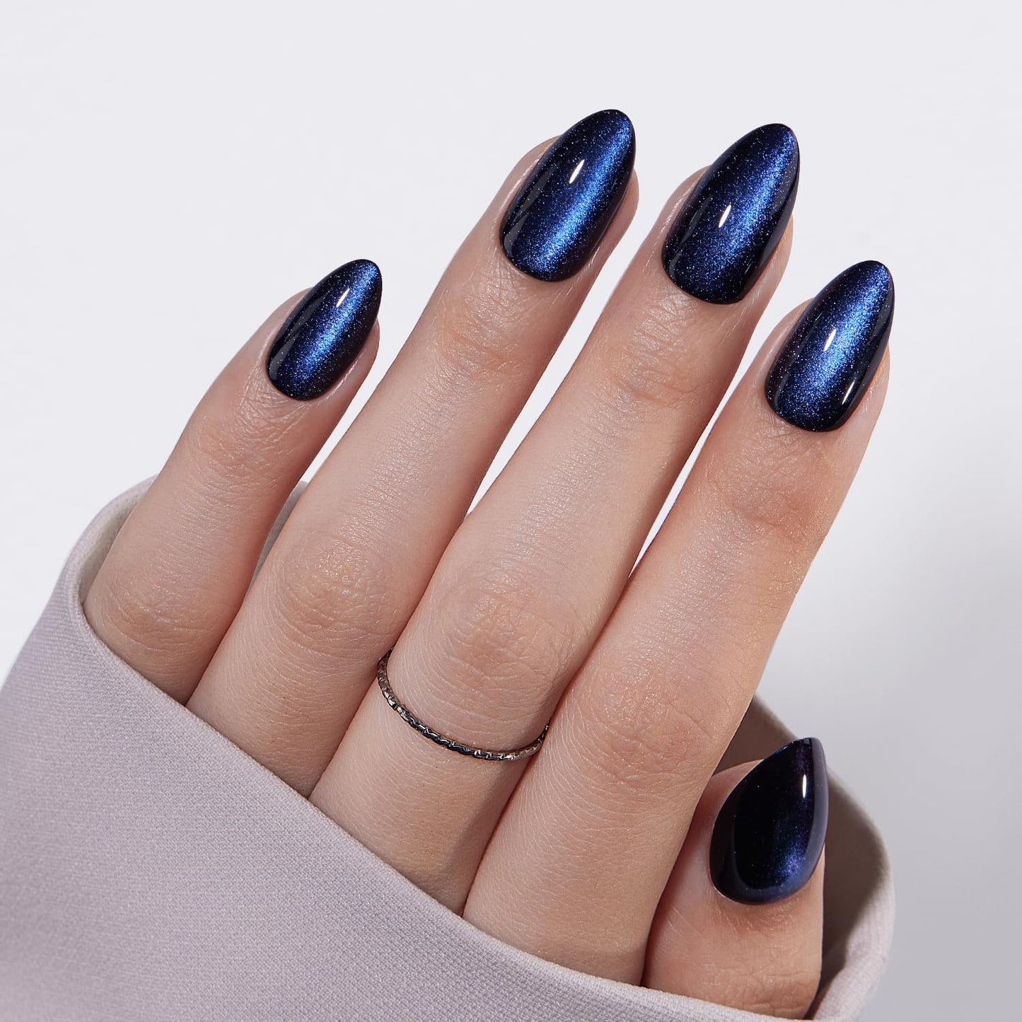 VSALON Short Almond Press on Nails - Blue Cat Eye Velvet Fake Nails for Women - Opaque Reusable Salon Quality Summer Shimmer Glue on Nails with Adhesive - 32 PCS in 16 Sizes