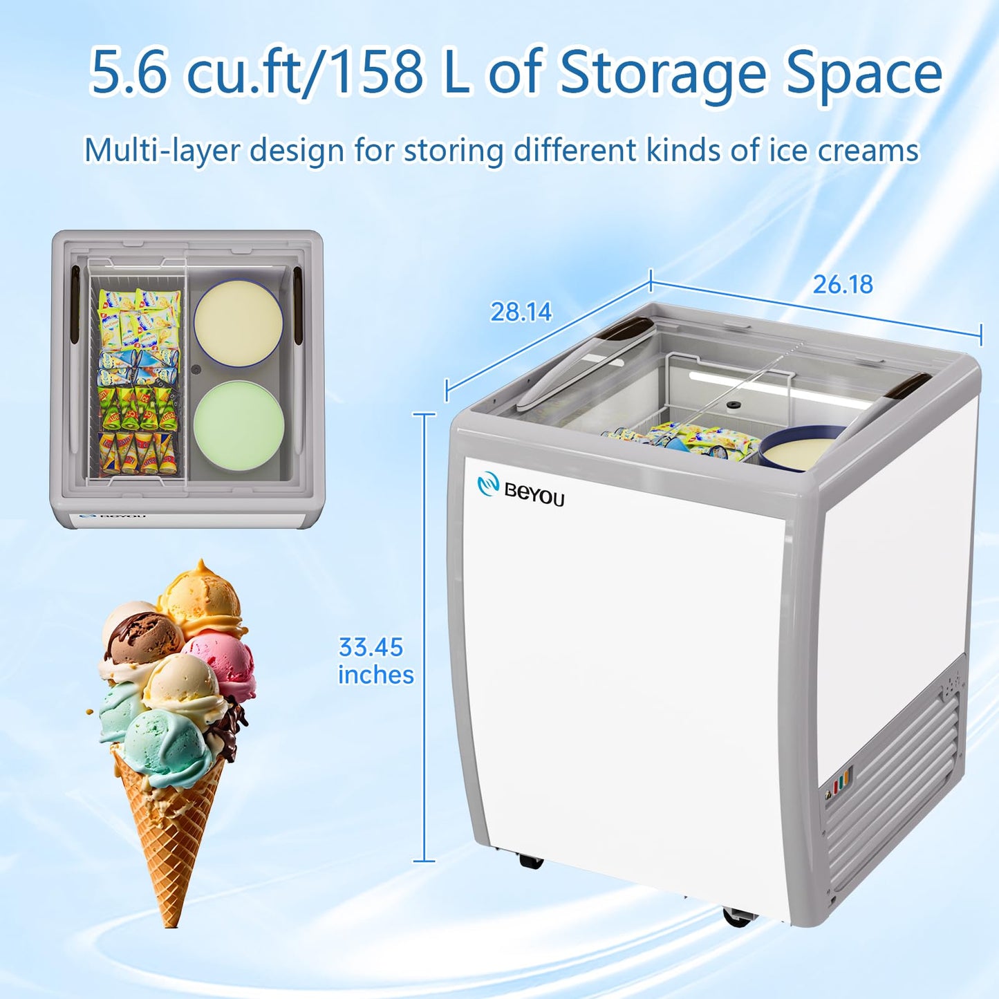 BEYOU Commercial Ice Cream Freezers with Display Glass Top，5.6 Cu.ft Chest Freezer with Wire Basket, White