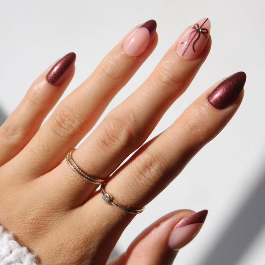 Glamnetic Press On Nails - She's A Gift | Short Almond Fake Nails in Burgundy Chrome with French Tips and Ribbon Designs with 3D Gems, Salon Quality | 15 Sizes - 30 Nail Kit with Glue