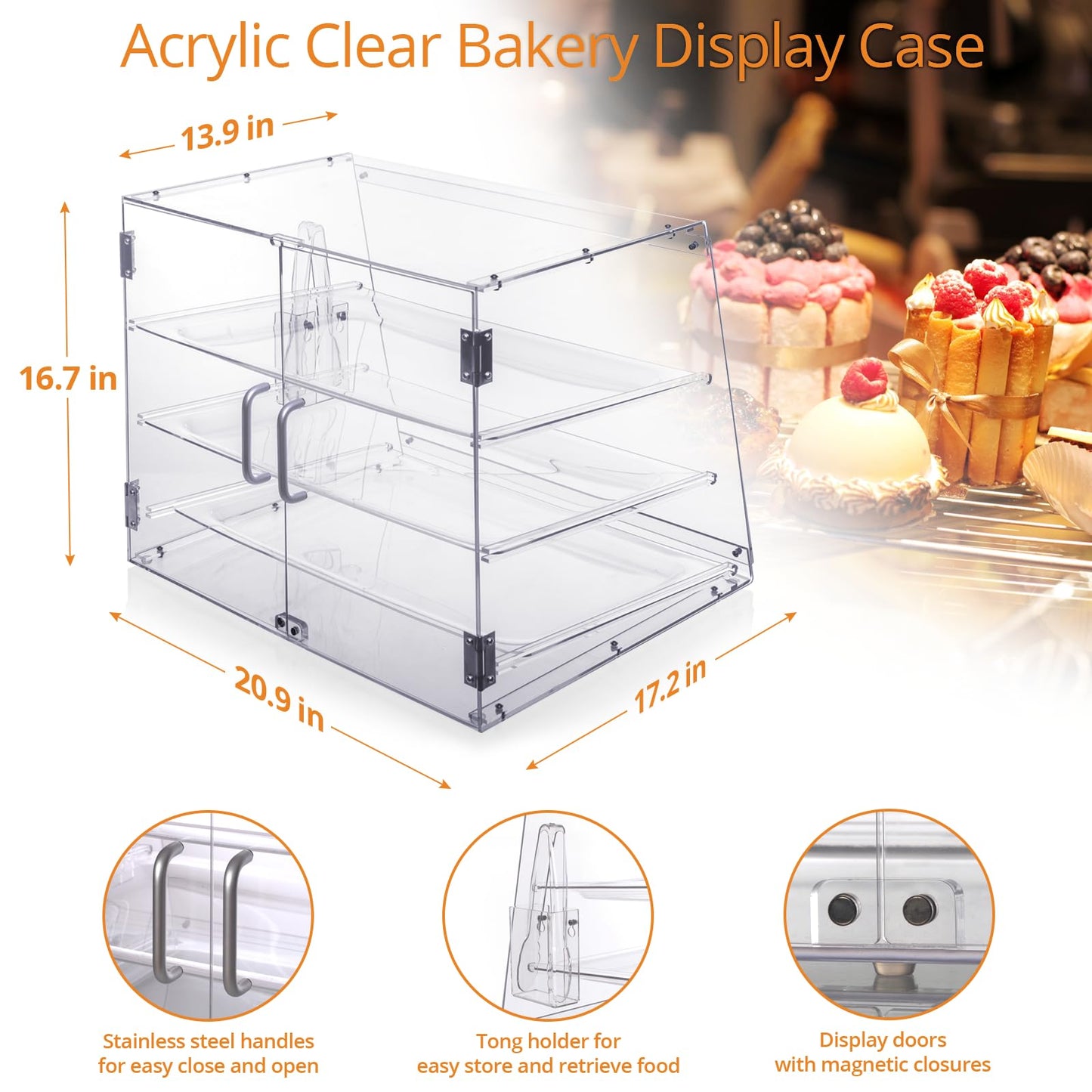 Old Canal Bakery Display Case, Pastry Display Case Countertop 3 Tier Tray, Acrylic Clear Boxes for Bread Pastry Desserts Food Cookie, Display Cabinet Box for Baking Enthusiasts, 20.86 x 17.3 x 16.5 in