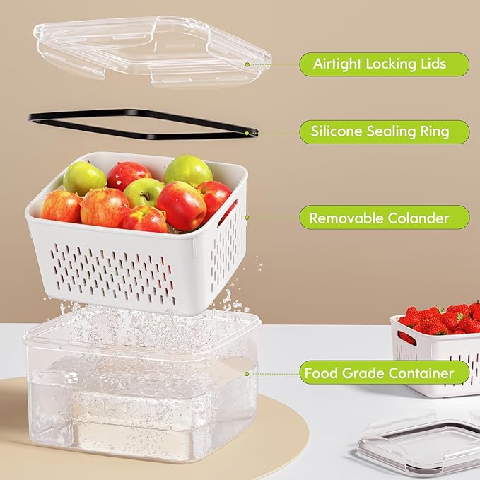 HOMETALL 8 Pack Fruit Storage Containers for Fridge, Fridge Organizers and Storage with Colander, Dishwasher & Microwave Safe Produce Containers Keep Fruits, Vegetables, Berry, Meat Fresh Longer