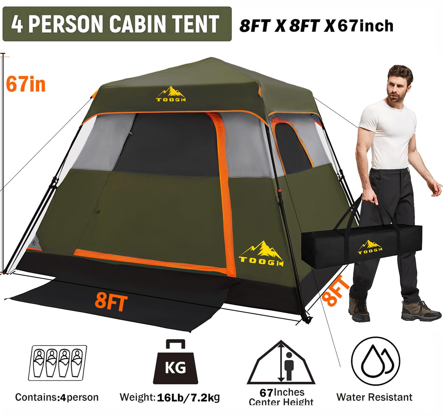 Toogh 3/4 Person Camping Tent with 1 Door, 4 Windows, and Upgraded Ventilation– Instant Setup, Waterproof, 8'x 8'x 67''Oxford Fabric Floor Pop Up in 60 Seconds Includes Rainfly and Backpack