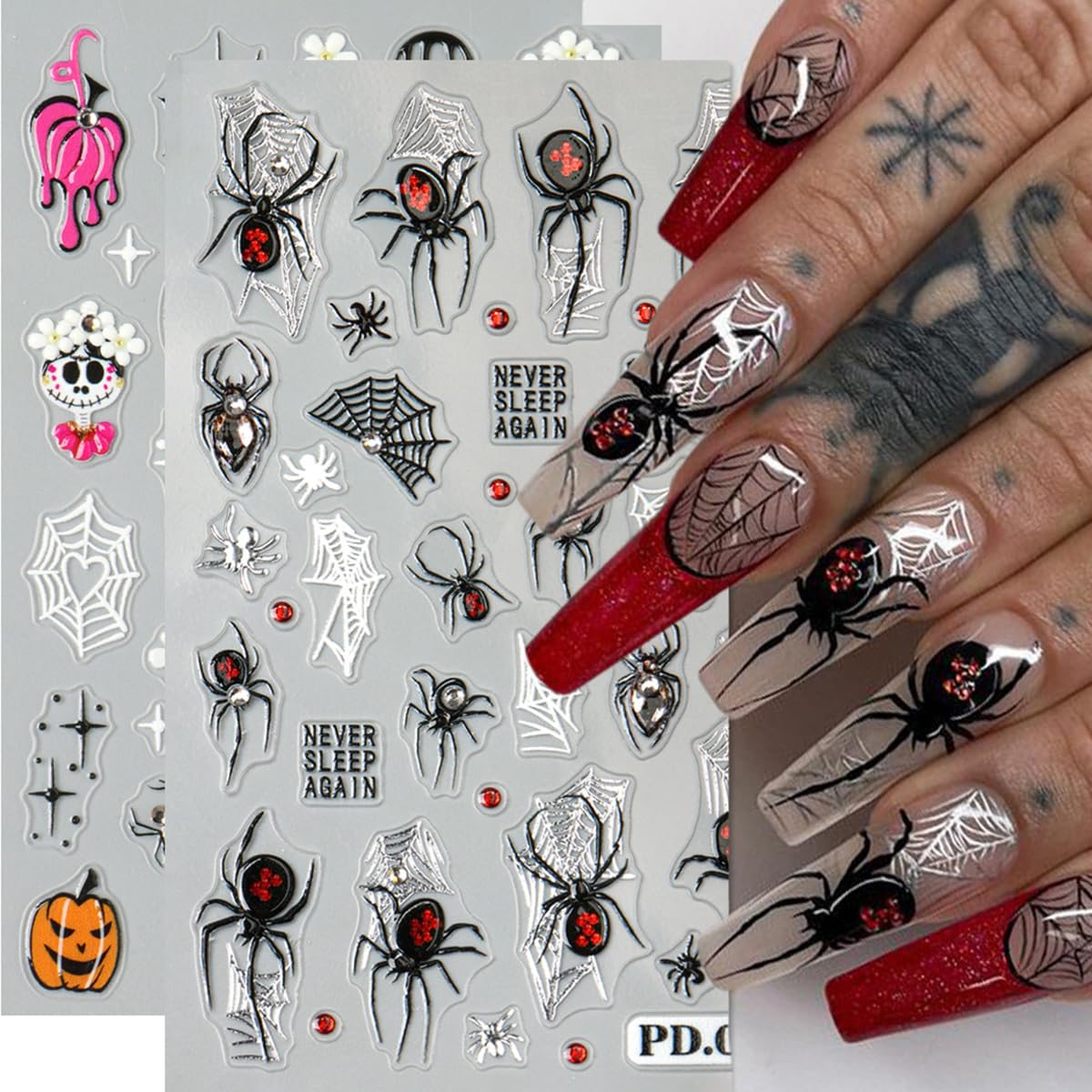 2Pcs Halloween Nail Stickers 5D Embossed Self Adhesive Day of The Dead Nail Decals with Cute Ghost Design Spider Web Pumpkin Nail Art Stickers Halloween Nail Supplies Nail Art Decoration for Women