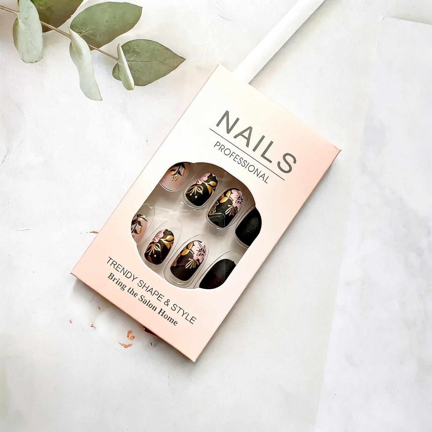 Short Press on Nails Almond Fake Nails with Flower Leaves Design Spring Floral False Nails Full Cover Acrylic Nails Matte Black Pink Glue on Nails Cute Stick on Nails for Women Manicure Decorations