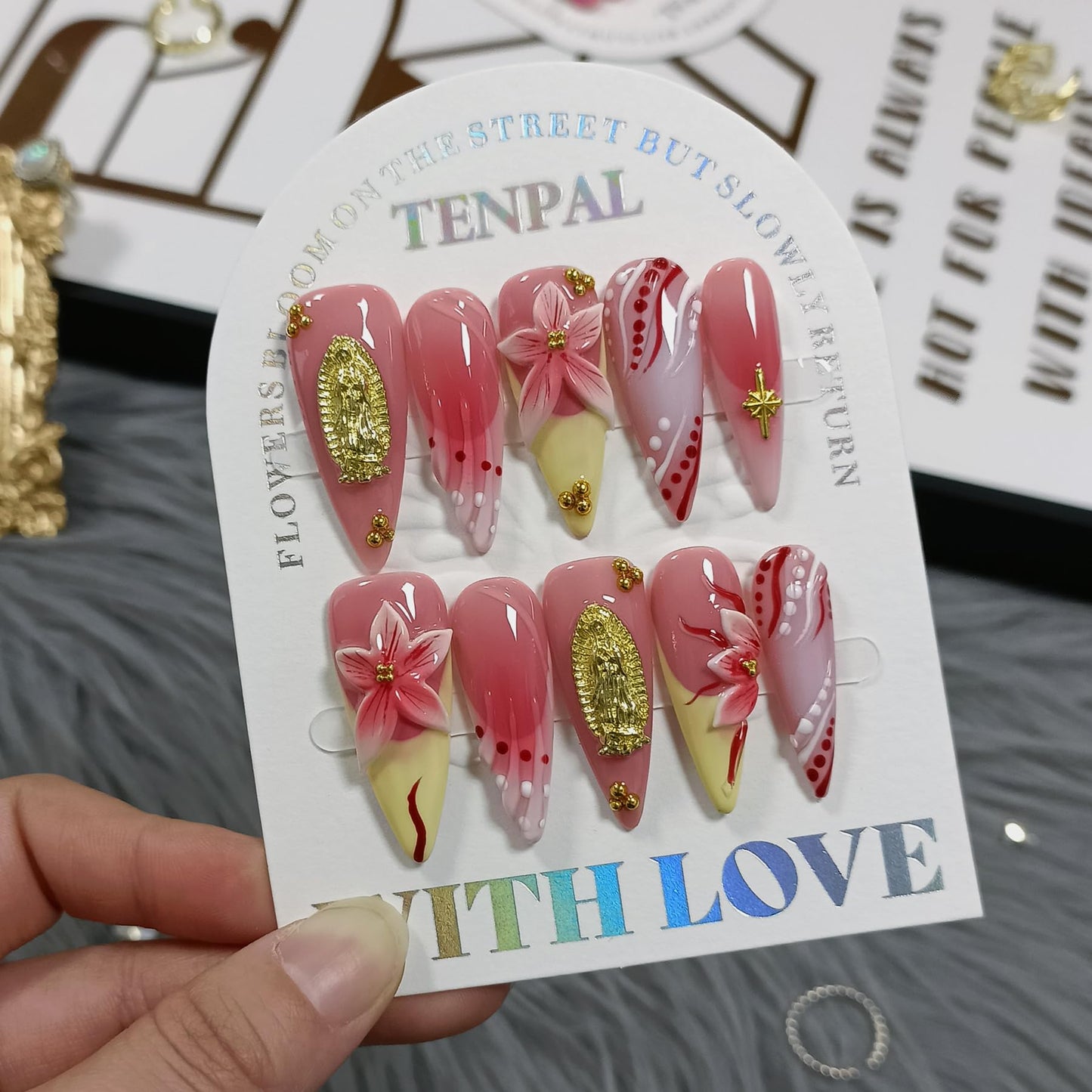 TENPAL Handmade Press on Nails Long Stiletto - Vivid Red 3D Floral Blush Ombre Hand Painted Design Fake Nails for Women Girls- Glossy French Tips Stick on Nails for Gifts(L)